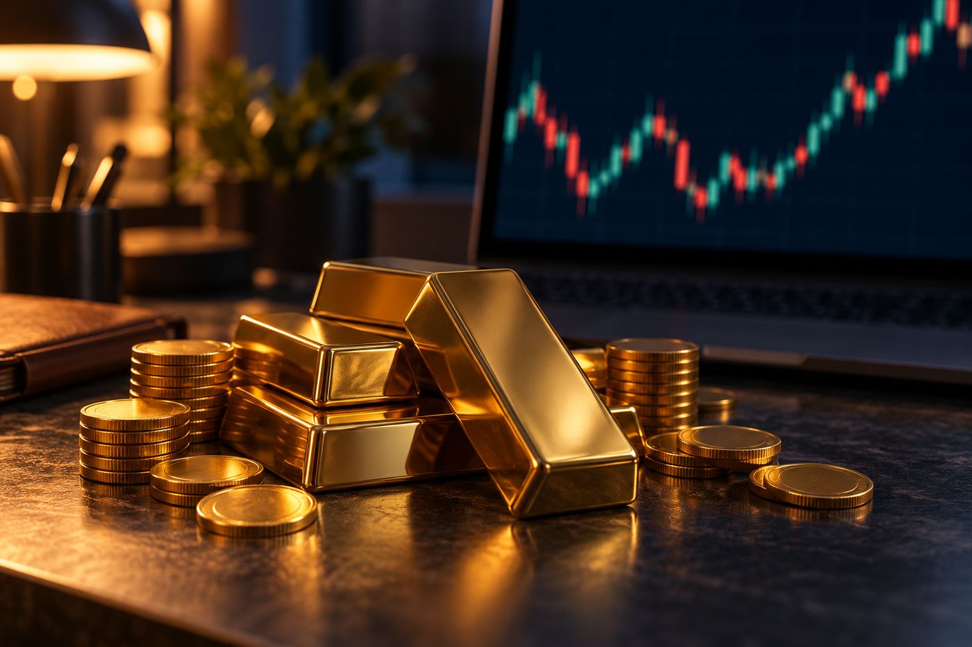 Золотые слитки и монеты рядом с графиком биржевых котировок на экране