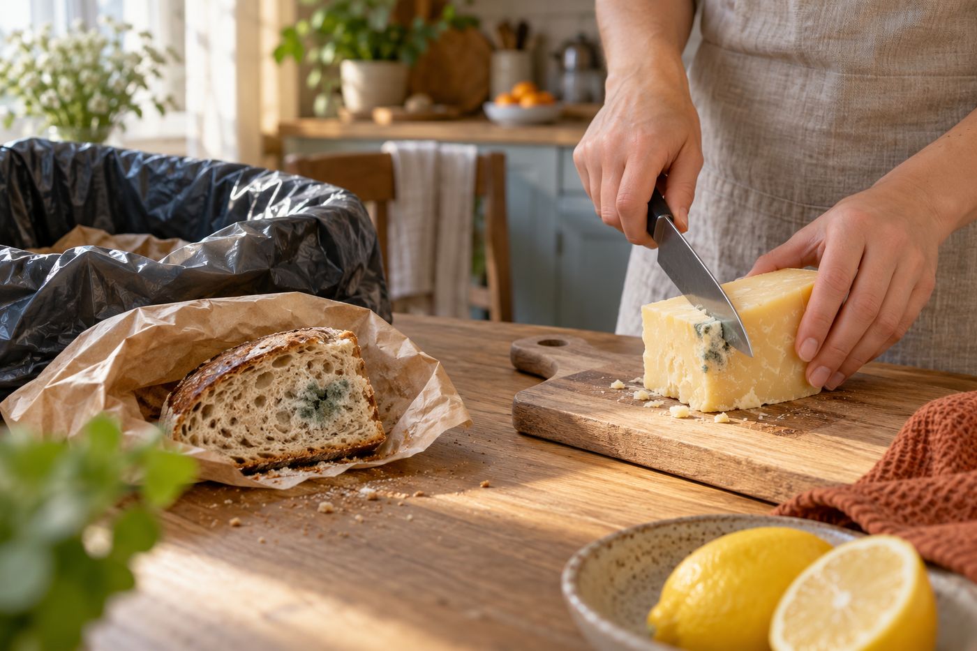 Кухонный стол с продуктами: заплесневелый хлеб рядом с мусорным пакетом, твёрдый сыр с плесенью на разделочной доске и нож