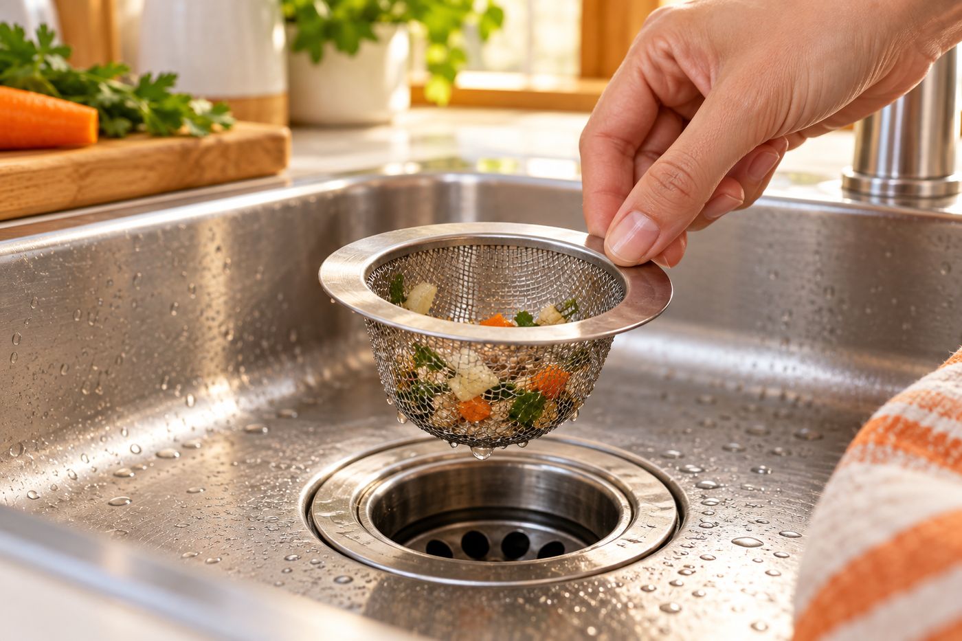 Сетка-фильтр на сливе кухонной раковины с задержанными крошками, рука снимает её для очистки